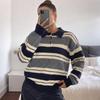 2026 Autumn/Winter Loose Striped Long Sleeve Color Block Sweater with Lapel