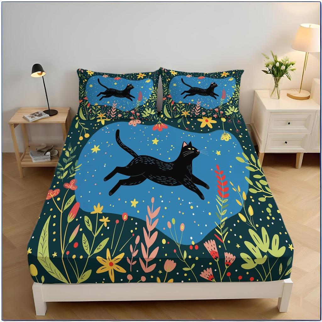 Cat Fitted Sheet and pillowcases, cartoon Bedding Set Small Double Size, Bed 3 Piece Bedding Decor Set For Teens Boys Girls