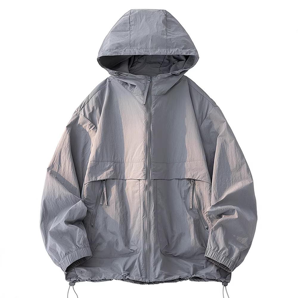 Herren Kapuzen-Sonnenschutzjacke Sommer Ultra Dünn Reißverschlusstasche Windjacke Elastische Bündchen Outdoor Wandern Angeln Hautschutzjacken