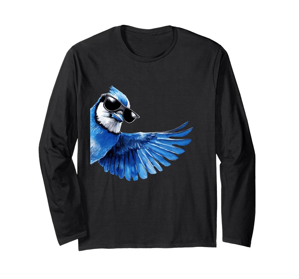 Cool Blue Jay Sunglasses Funny Side Pose Bird Lover Long Sleeve T-Shirt
