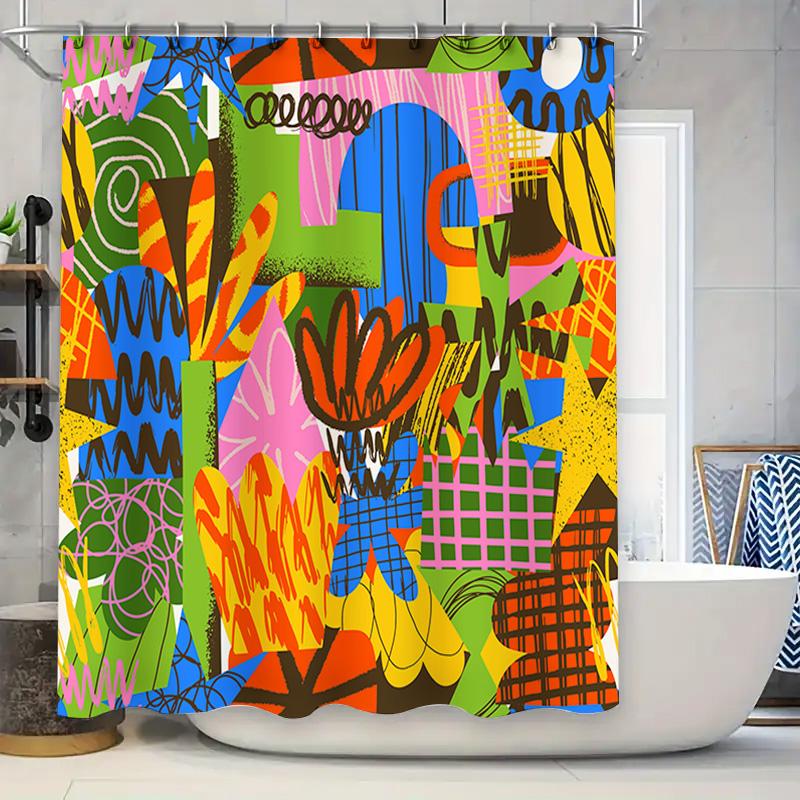 

Colorful Shower Curtain Set: Abstract Artistic Bathroom Decor With Hooks Orange Blue Green Yellow Red Black White 72X84 In (180C W60H190(CM)-1 Pcs