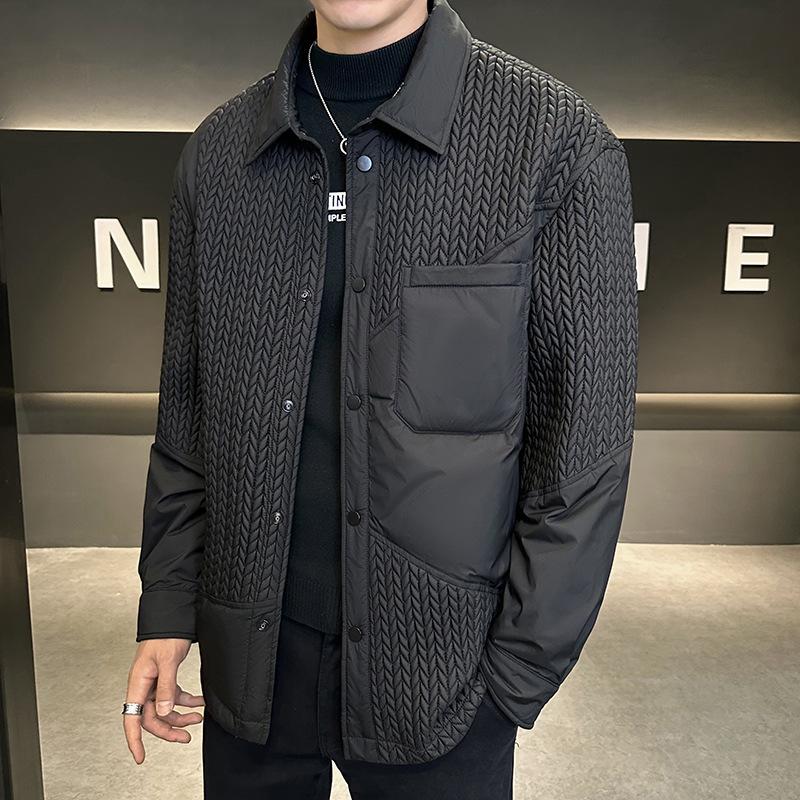 

Winter trendy brand lapel down jacket men s short loose wheat ear shirt collar white duck down warm jacket M чёрный