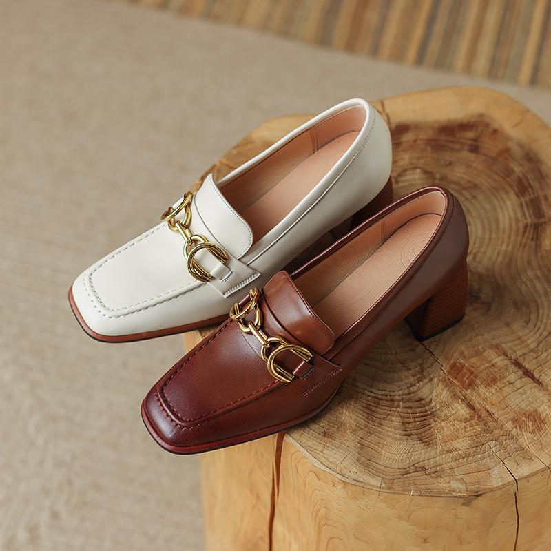 2024 Spring New Genuine Leather Women Shoes Leisure Women Slip-On Shallow Pumps Square Toe Heels Shoes Women Zapatos De Mujer