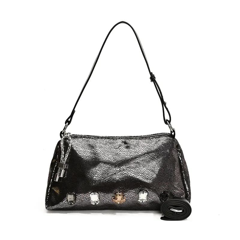 Retro New Shoulder Axillary Sequin Ladies Bags  High Quality Solid Nylon Soft Zipper Fashion Crossbody Bag