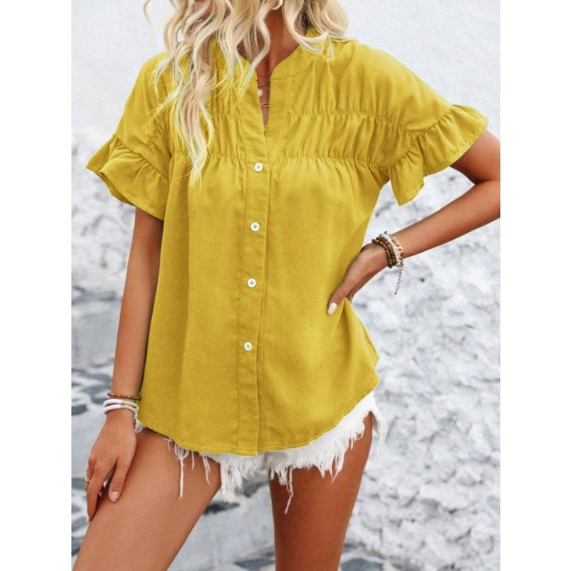 YYFS Women's Fashion Casual Summer Spring Solid Color Print Short Sleeve V-Neck Blouses & Shirts