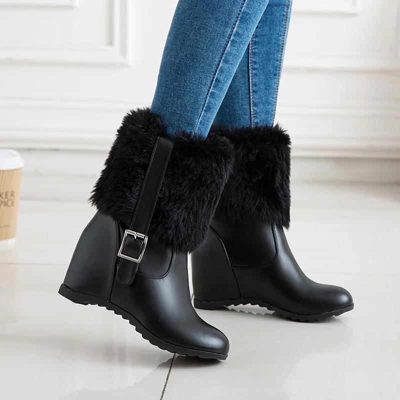 Ladies Height Increasing Fur Ankle Boots Daily Concise Boots Buckle Women High Heels Shoes Female Winter Botas Mujer White Black