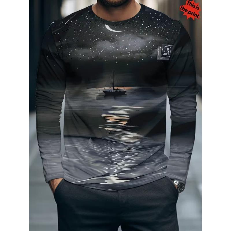 Men's 3D Stripe Printed Long-sleeved T-shirt, Comfortable, Breathable and Versatile Men's Top