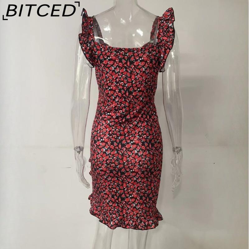 BITCED Summer Women Floral Print Butterfly Sleeve Bodycon Dress Ruffle V Neck Bandage Casual Short Sundress Female Beach Spaghetti Strap Mini Dress