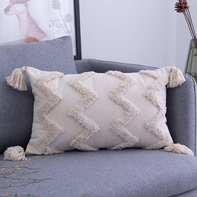 Bohemian Baumwoll-Leinen Bauernhaus Kissenbezug Webspitze Quaste Kissenhülle Bettkopf Sofa Kissenbezug Heimdekoration 45×45CM
