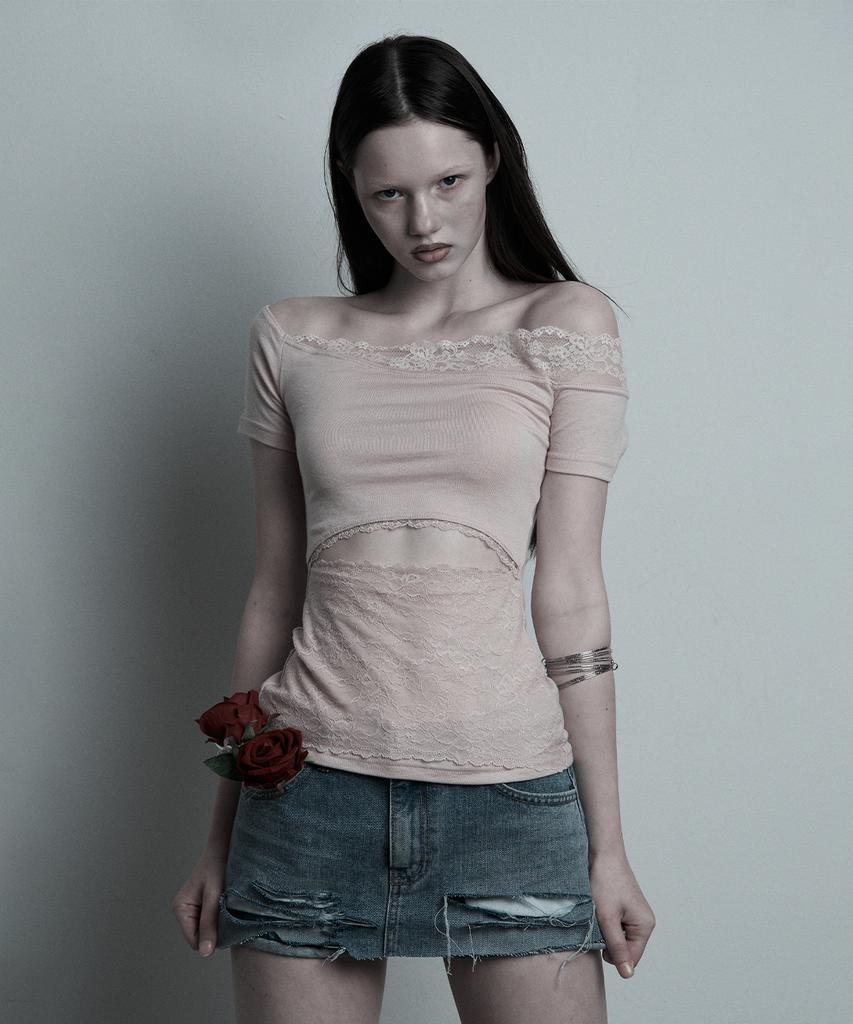 ILLIO Pink Lace Off-Shoulder Top
