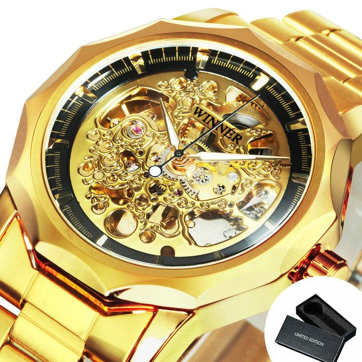 WINNER Luxury Gold Skeleton Automatic Watch for Men Luminous Pointers Royal Irregular Mechanical Watches Stainless Steel Strap