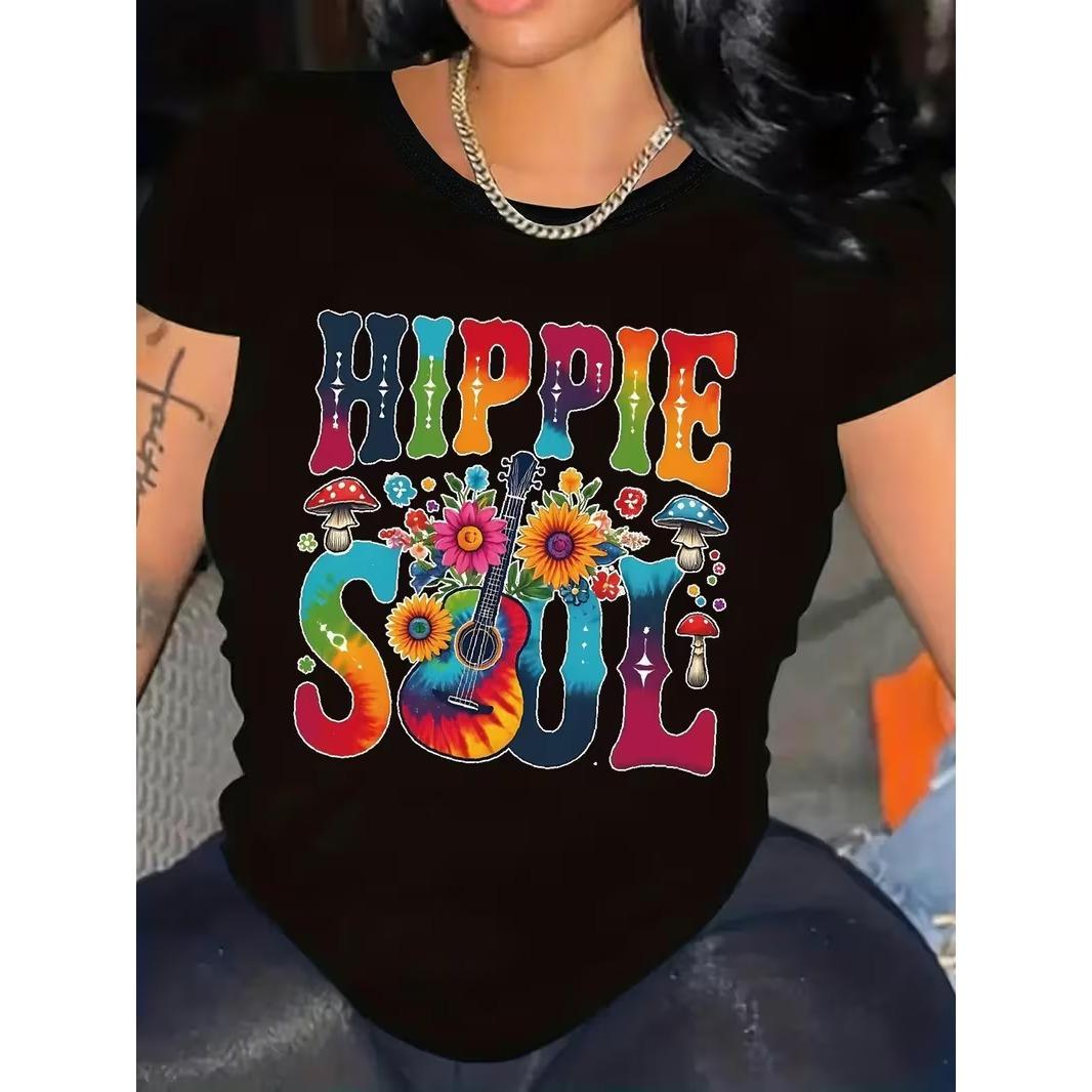 2026 Womens Retro 60s70s Hippie Style TShirt Psychedelic Flower Mushroom Peace Sign Print Vintage Short Sleeve Blouse S