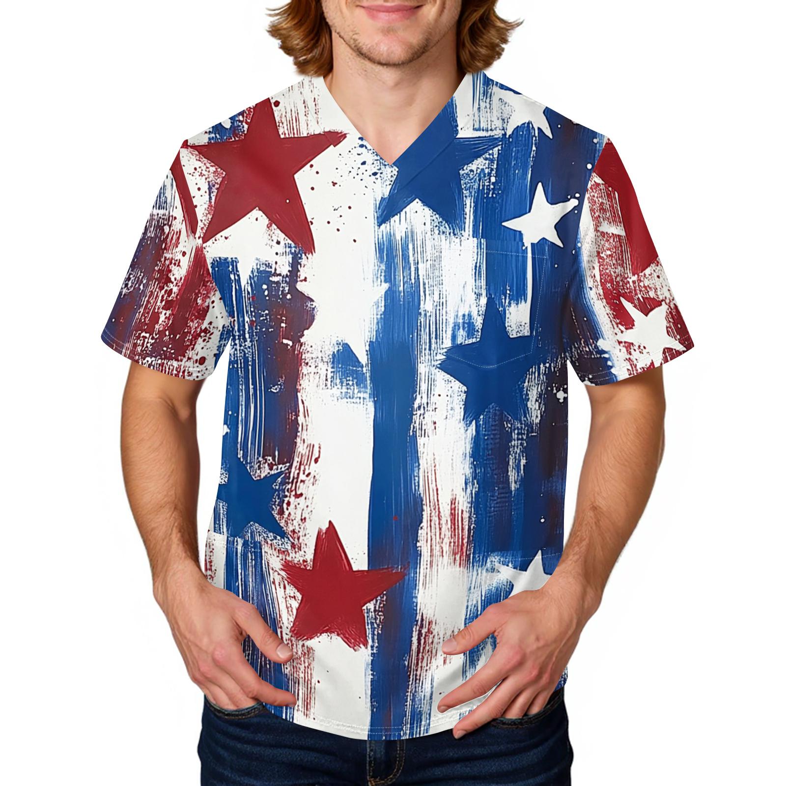 

Men s Casual V Neck Medical Scrub Top with Large Pockets Short Sleeve Workwear Shirt Patchwork Flag Print Design XXXXXL синий
