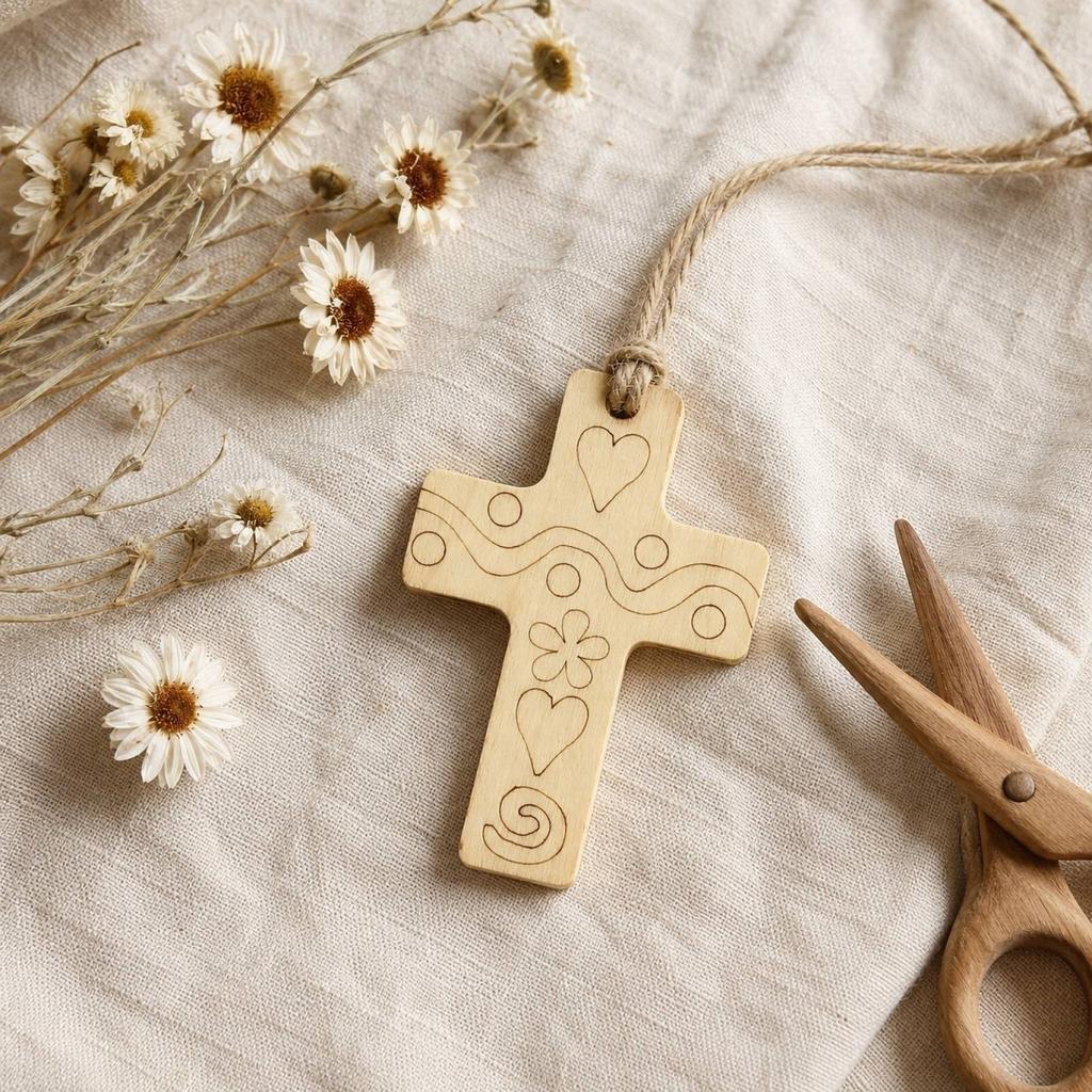 Wooden Cross Pendant with Engraved Patterns and Natural Twine Cord Handmade Wooden Cross Charm for Crafting and Decoration