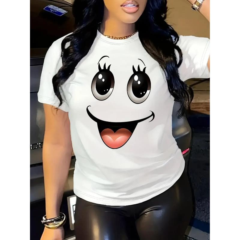 Europäische Größe Damen Niedliches Gesicht Druck T-Shirt mit Ausdrucksstarken Augen & Lächeln - Weiches Stretch Rundhals Kurzarm Top, Ganzjahres Freizeitkleidung