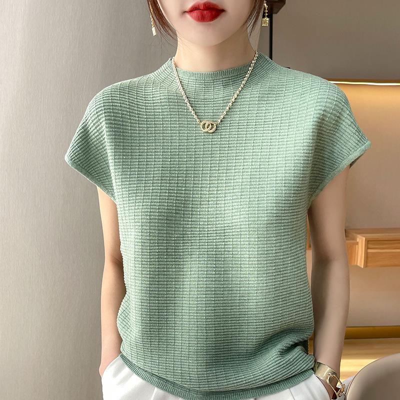 Damen locker gestrickter Pullover mit Kreuzstich, kurzärmelig - Halber Stehkragen, Übergröße, Basisshirt für den Herbst