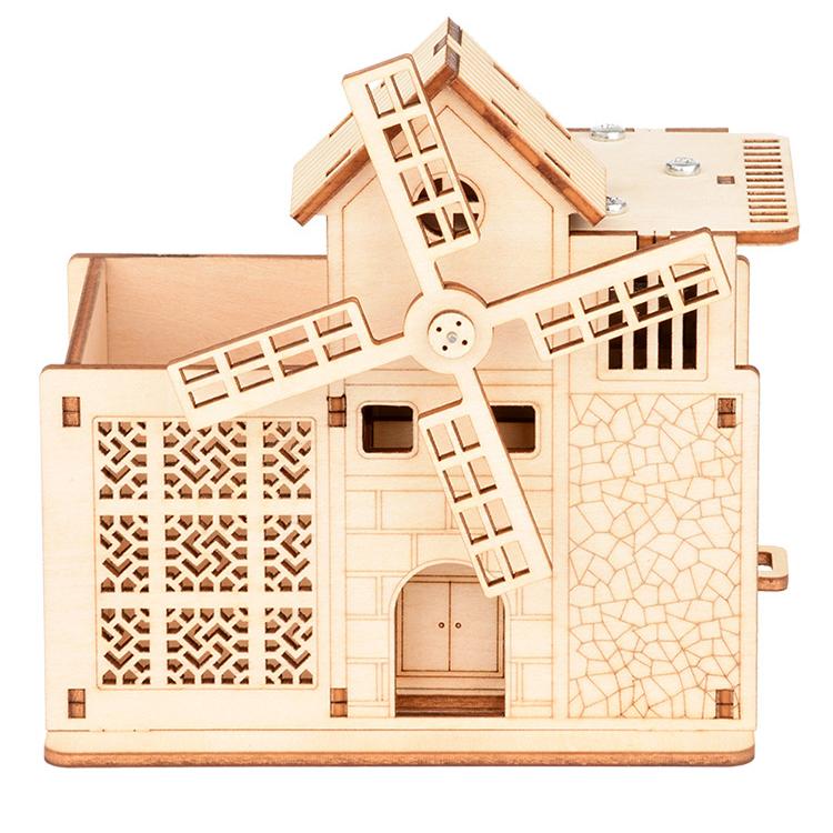 Children's Creative DIY Model Wooden Puzzle 3D Puzzle Board Big Windmill Clockwork Sound Pen Holder, Music Box 117mm * 117mm * 75mm