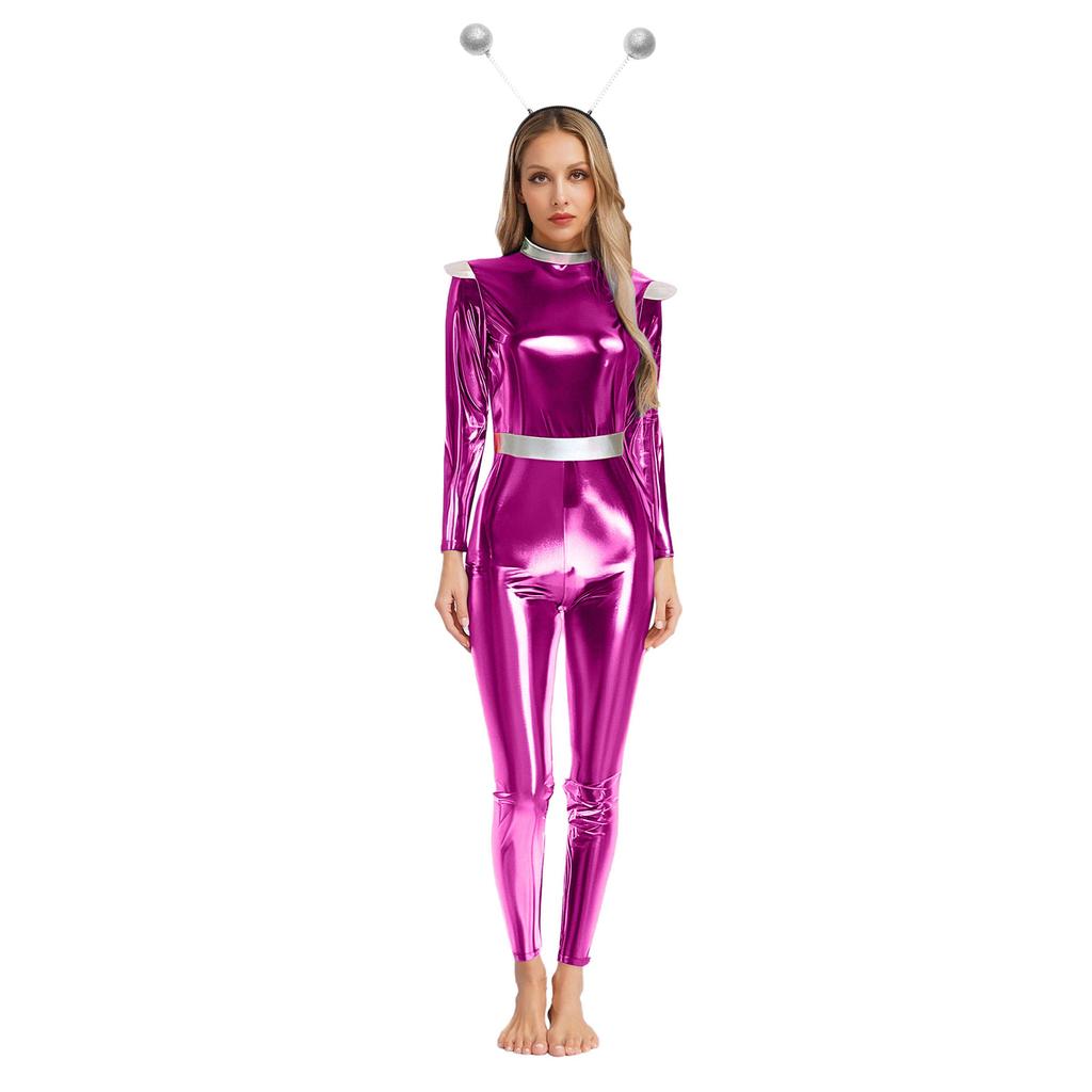 S-3XL Womens Alien Robot Astronaut Cosplay Jumpsuit with Headwear Long Sleeve Full-body Metallic Shiny Unitard for Halloween Theme Party