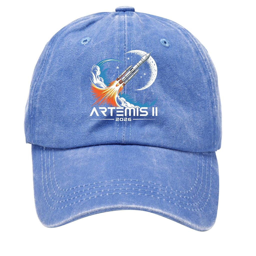 Washed Cotton Baseball Cap Vintage Style Soft Top Denim Hat with Printed Rocket and Moon Design Adjustable Closure for Casual Wear