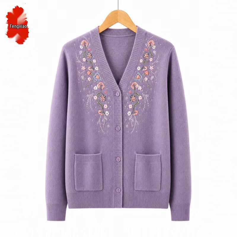 Women's V-Neck Embroidered Rhinestone Knit Cardigan for Mature Ladies