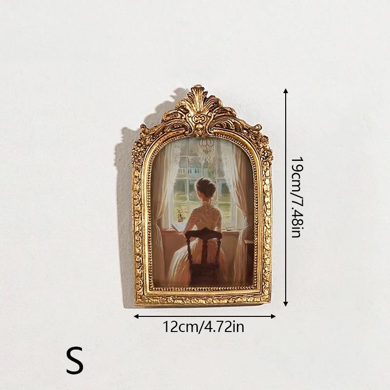 

Antique Arch Shaped Photo Frame Gold Carved Embossed Resin Picture Frame Home Office Photo Display Tabletop Wall Hanging Decor