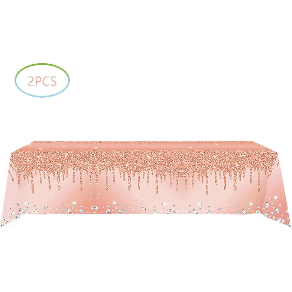 2Pcs Pink Rose Golden Birthday Party Tablecloths Rose Gold Sequin Plastic Table Cover, Pink Rose Gold Birthday Party Supplies Decorations for Girls