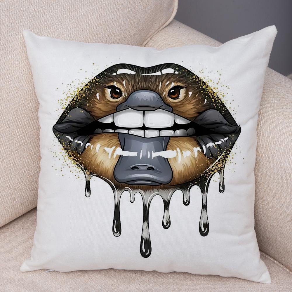 Bold Lip Art Pillowcase Double Print Leopard Pattern Cushion Cover Soft Plush Vibrant Design Pillow Case for Sofa Home Car