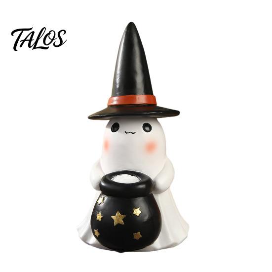 Ambient Autumn Night Lamp Ghost Light, Resin Figurine with Witch Hat Glowing Pumpkin Bucket, Warm Home Table Centerpiece LED Amber Lamp, Farmhouse