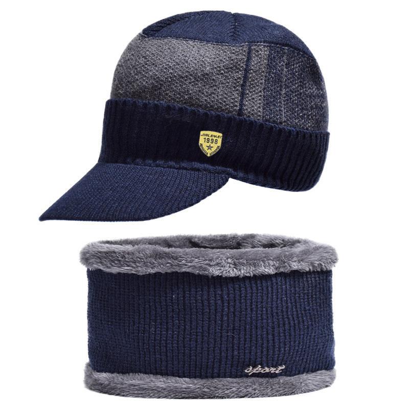 New copper label hat scarf two-piece set men's knitted hat scarf autumn and winter plush hat warm wool hat