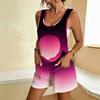 Women Plus Size Sleeveless Scoop Neck Printed Pink Black Gradient Loose Romper With Patch Pockets