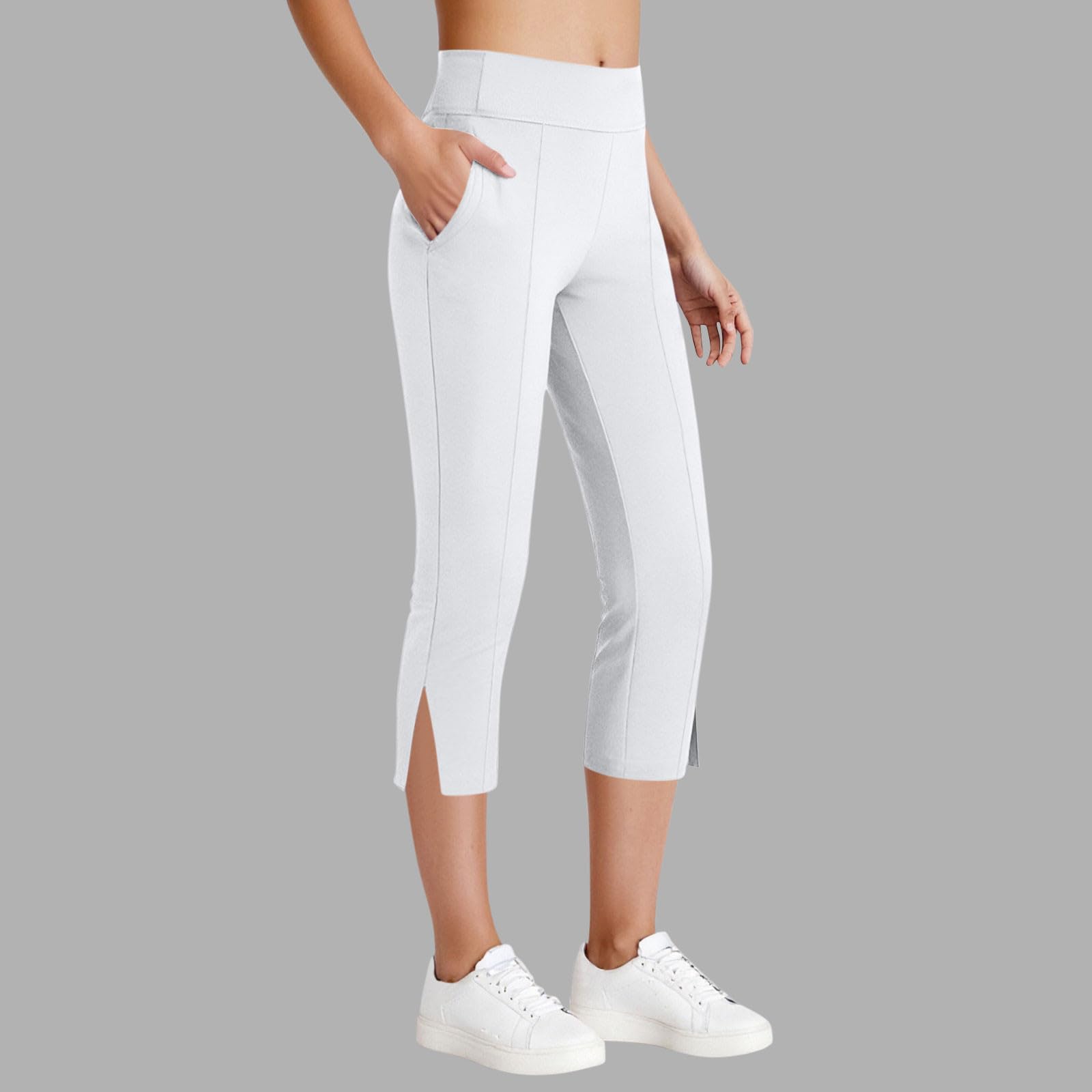 

High Waist Capri Leggings for Women Yoga Pants with Side Slits and Pockets Stretchy Athletic Workout Tights L белый