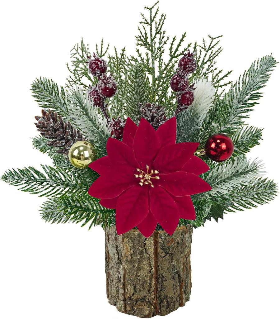 2 Pack Mini Christmas Tree with Red Poinsettia, Berries & Pine Cones - Artificial Potted Tabletop Decor for Home, Fireplace, Man
