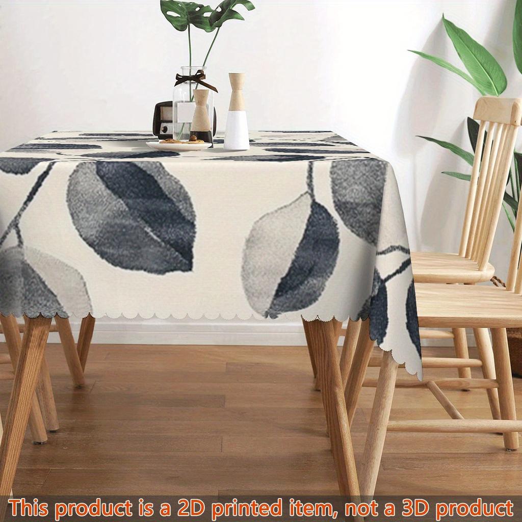Soft Botanical Leaf Tablecloth, Watercolor Grey Leaf Print,Clean Scalloped Trim, Dirt Resistant for Home Decor Casual Gatherings