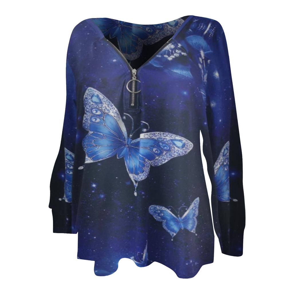 Women's Long Sleeve Tops V-neck Zipper Pullover Butterfly Print T-shirt Blouse