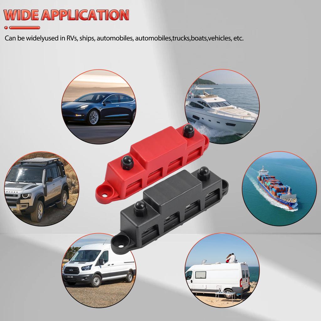 12V Strømfordelingsblokk 250A Samleskinne Koblingsklemme med Deksel M8 4-veis 5/16" Terminalbolter 48VDC 300VAC for Bil Båt Bobil