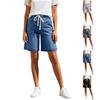 Women's Denim Shorts Loose Fit Straight Leg Mid Length Stretch Fabric Drawstring Waist Casual Summer Bottoms