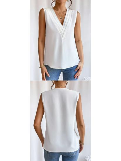 European and American Women's Summer V-Neck Layered Solid Color Top