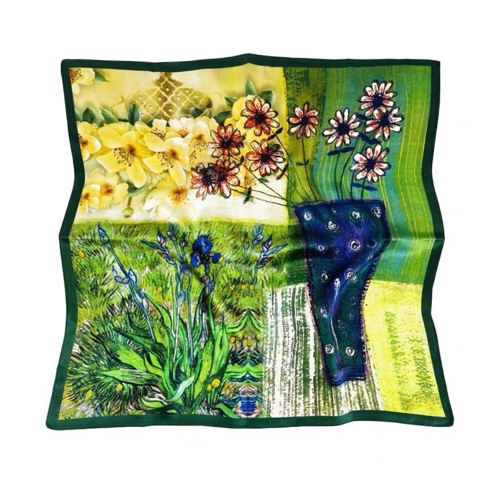 

68cm Oil Painting Style Floral Hijab Spring and Summer Thin Polyester Scarf for Women Trendy and Versatile Neck Shawl Hijab зелёный