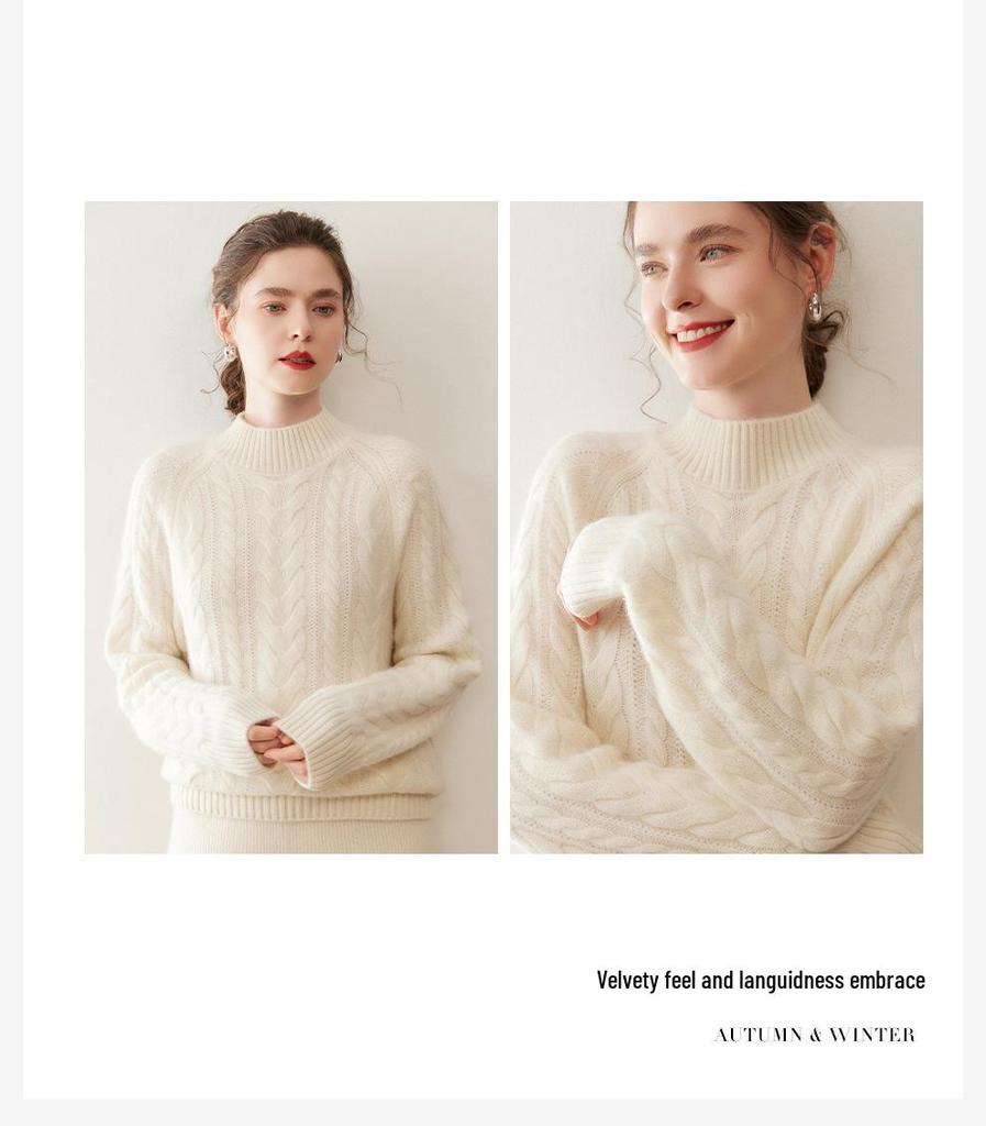 Women's Retro Cable Knit High-Neck Cashmere Sweater: Thickened, Slimming Pullover with Twisted Pattern, Perfect for Autumn and Winter.