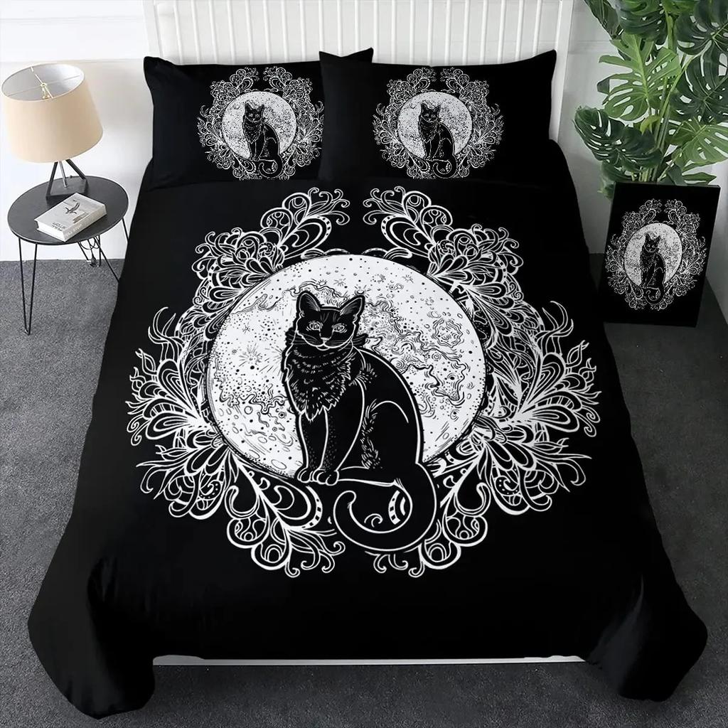 Witch Black Cat Duvet Cover Set Full Vintage Gothic Cat Sitting on Moon Bedding Set for Halloween Decor