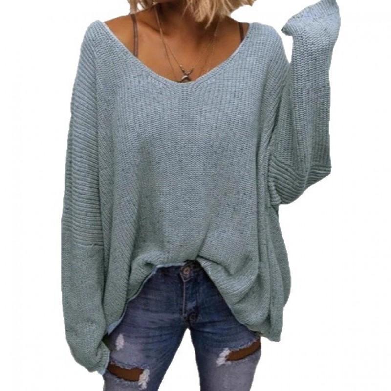 Womens V-Neck Loose Long Sleeve Knit Sweater Winter Casual Home Outfit