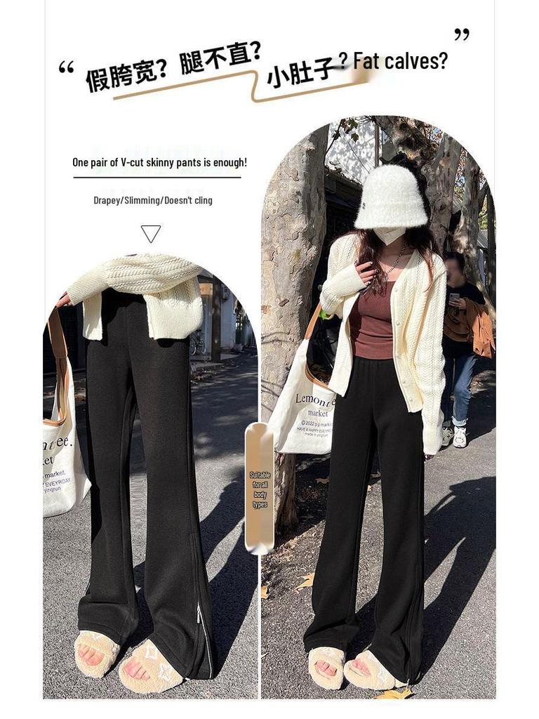 Women's Slimming High-Waist Fleece Lined Micro Flare Yoga Pants with Zipper - Autumn/Winter Trend
