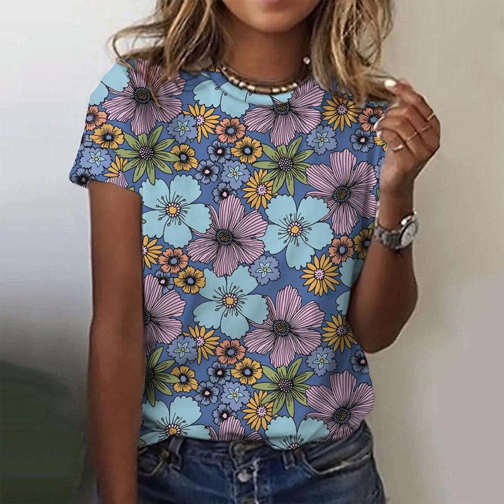 Summer Round Neck 3D Flower Pattern Printed Top Fashionable Casual Short Sleeved Women's T-shirts