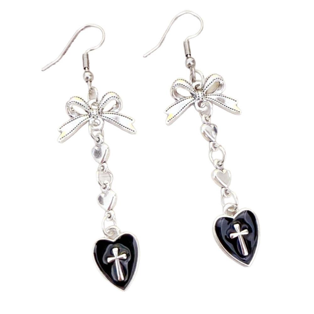 Gothic Charm Stainless Steel Silver Color Bowknot Relief Cross Red Glazed Heart-shaped Pendant Dangle Earrings for Women Jewelry