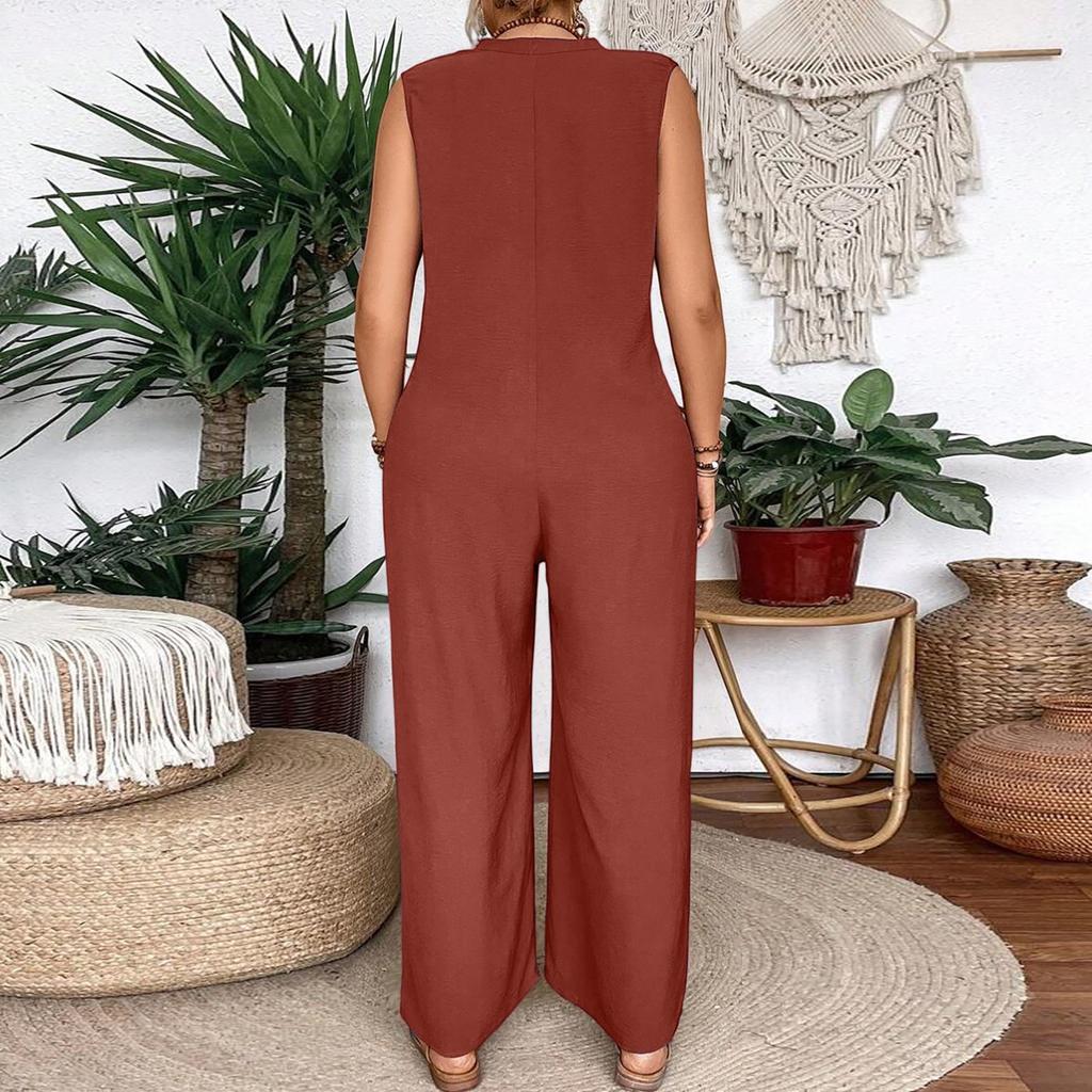 Women's Plus Size Solid Color Summer Casual Fashion Sleeveless Loose And Comfortable Wide Leg Jumpsuit