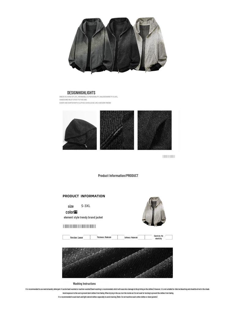 2025 Men's Trendy Striped Grey Cardigan Hoodie Jacket with Hat - American Street Style for Spring/Autumn