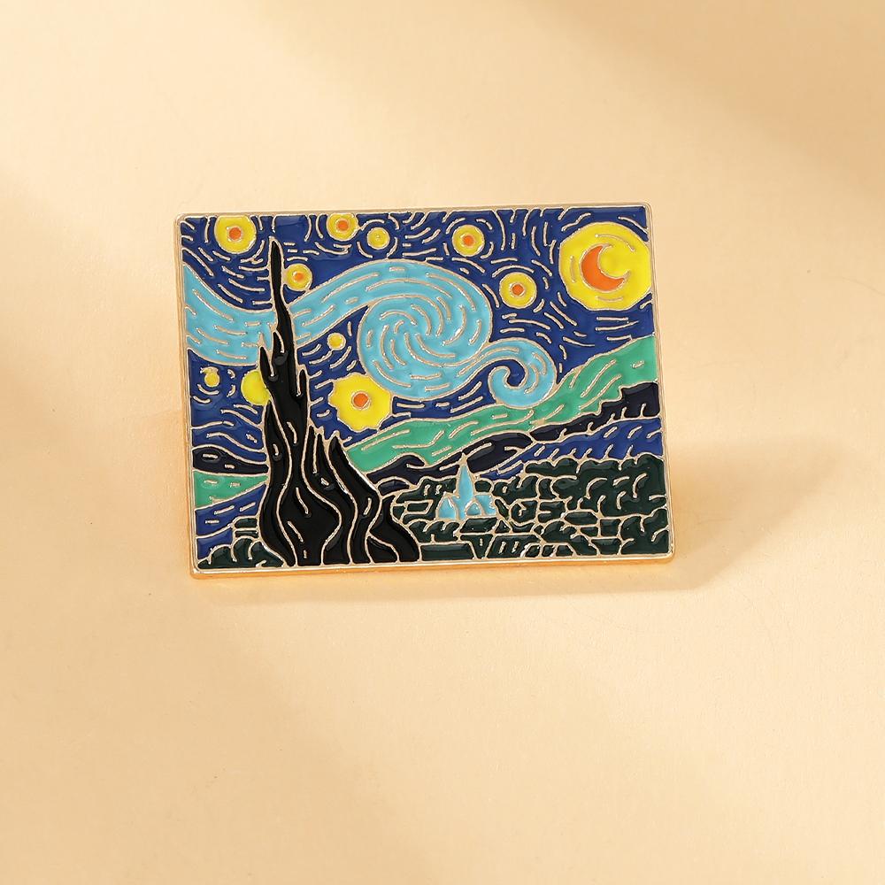 Funny The Starry Night Enamel Brooches Golden Square Badge Van Gogh Oil Painting Pins For Artist Item Gift