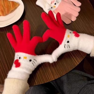 Cute Cartoon Hello Kitty Plush Gloves Student Cycling Winter Warm Five-Finger Gloves  Accessories Holiday Gifts
