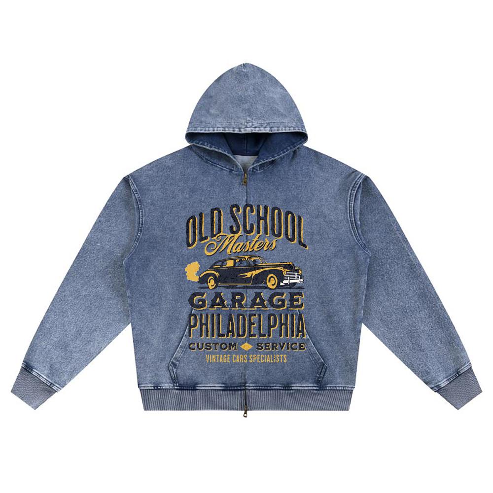 DTG Print Knitted Denim Zip-Up Hoodie Old School Garage Philadelphia Car Brother Print Zipper Hoodies  