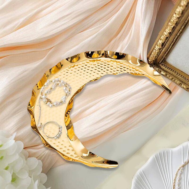 Gold Storage Tray Display Metal Pallet Creative Moon Design Handmade Crafts Fruit Cake Snack Plate Decorative Festival Supplies